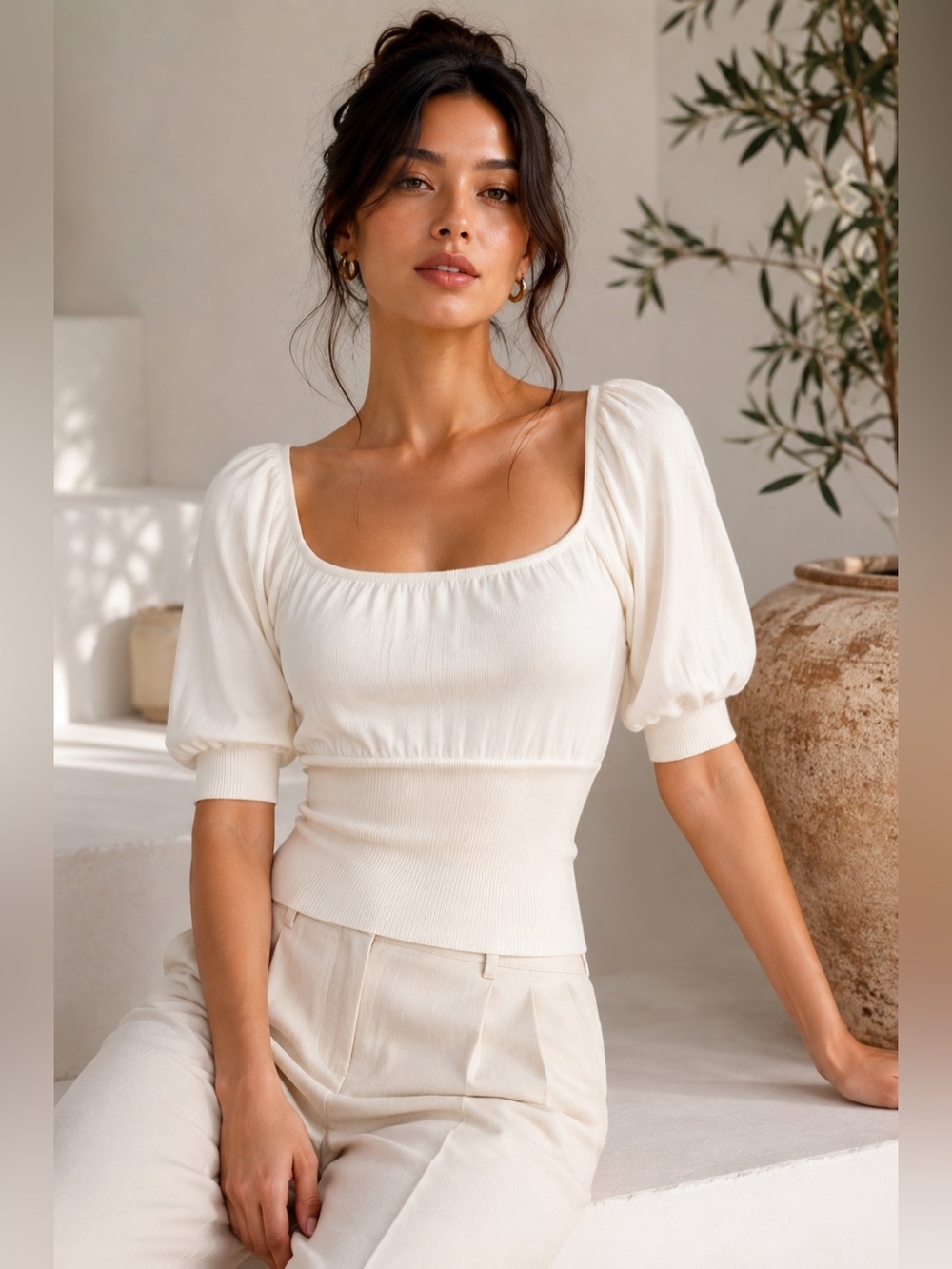 Gianni Bini Silk Cotton Square Neck Puff Sleeve Knit Top Ivory Small S